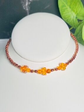 Beautiful Beaded Amber Colored Memory Wire Choker Necklace.